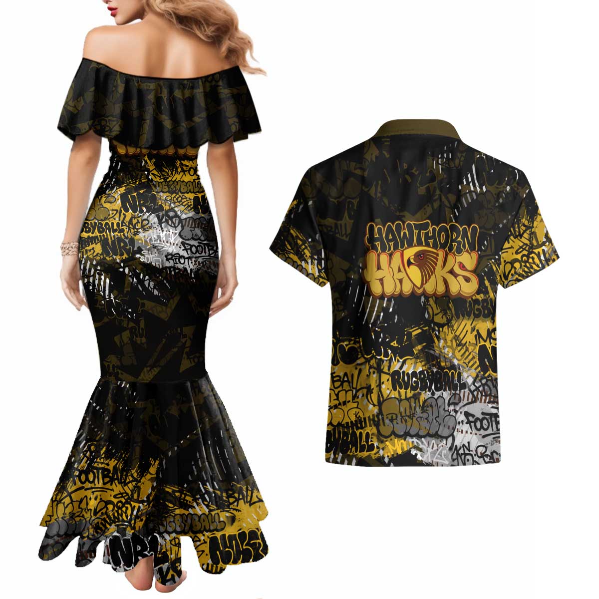 Hawthorn Hawks Couples Matching Mermaid Dress and Hawaiian Shirt Urban Graffiti Street Art - Bold Abstract Spray Paint