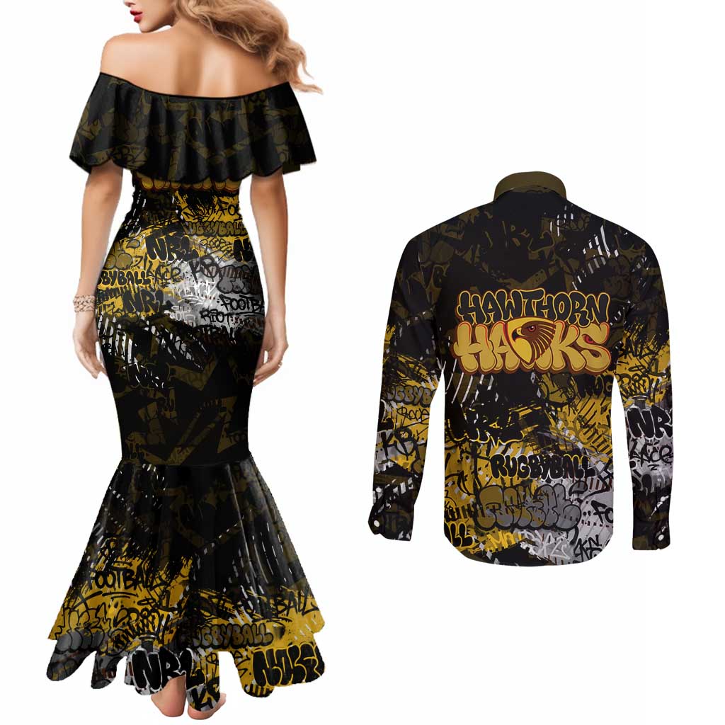 Hawthorn Hawks Couples Matching Mermaid Dress and Long Sleeve Button Shirt Urban Graffiti Street Art - Bold Abstract Spray Paint