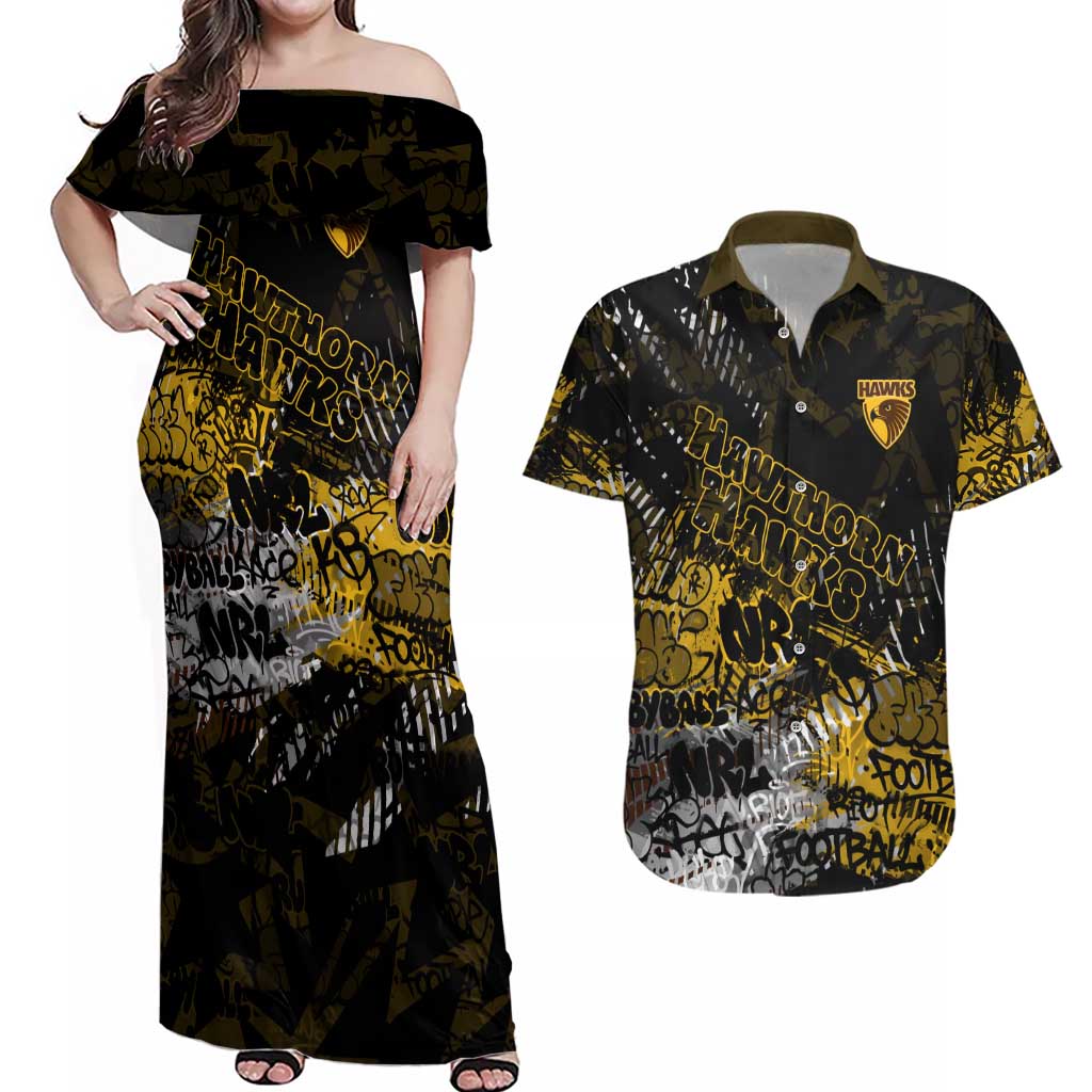 Hawthorn Hawks Couples Matching Off Shoulder Maxi Dress and Hawaiian Shirt Urban Graffiti Street Art - Bold Abstract Spray Paint