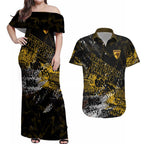 Hawthorn Hawks Couples Matching Off Shoulder Maxi Dress and Hawaiian Shirt Urban Graffiti Street Art - Bold Abstract Spray Paint