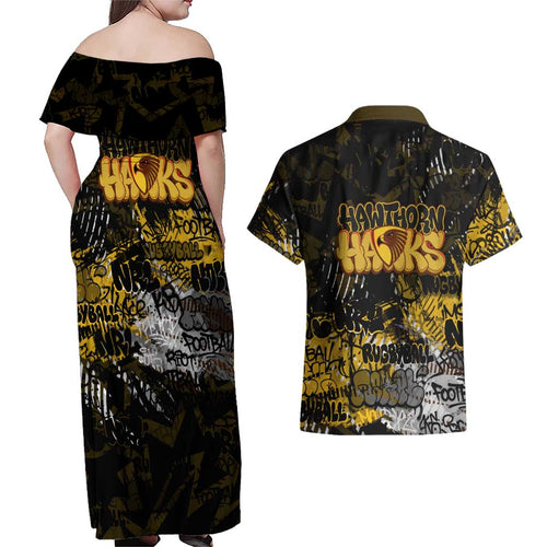 Hawthorn Hawks Couples Matching Off Shoulder Maxi Dress and Hawaiian Shirt Urban Graffiti Street Art - Bold Abstract Spray Paint
