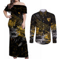 Hawthorn Hawks Couples Matching Off Shoulder Maxi Dress and Long Sleeve Button Shirt Urban Graffiti Street Art - Bold Abstract Spray Paint