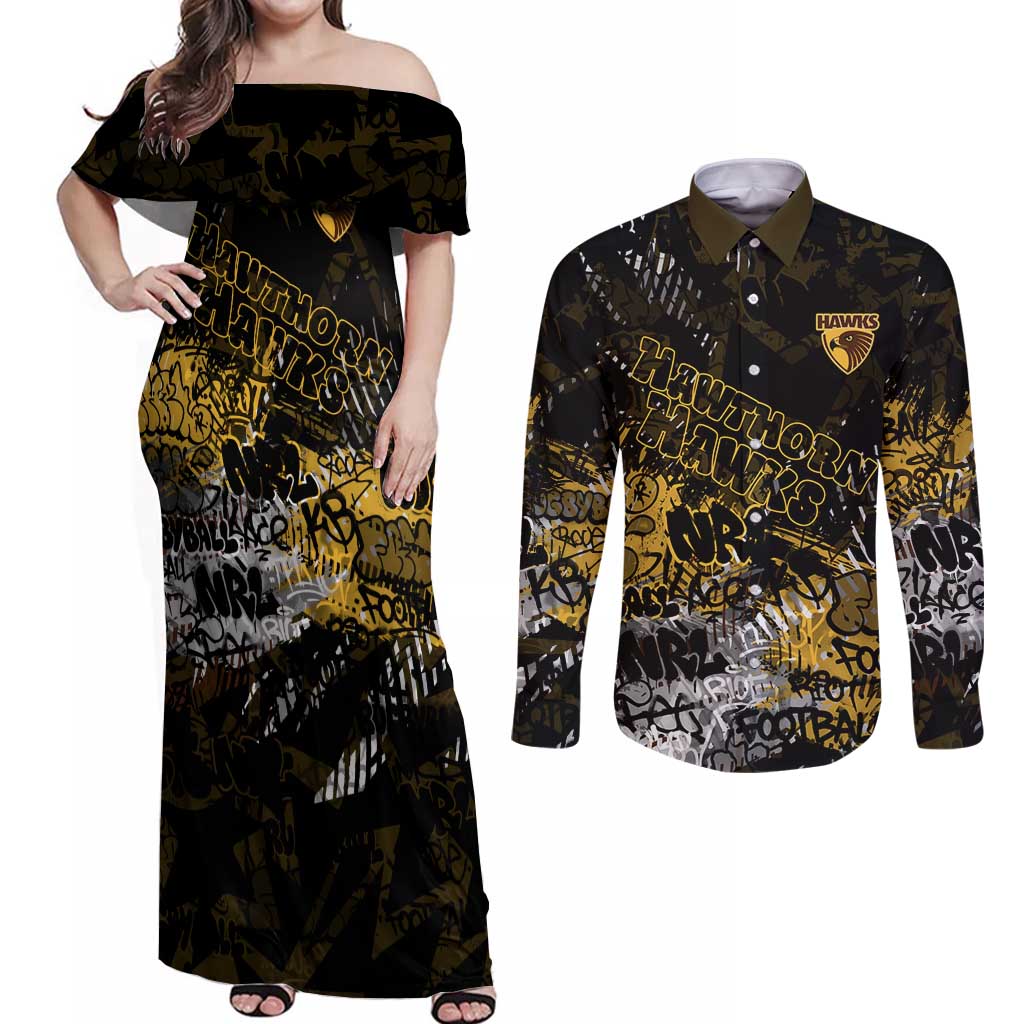 Hawthorn Hawks Couples Matching Off Shoulder Maxi Dress and Long Sleeve Button Shirt Urban Graffiti Street Art - Bold Abstract Spray Paint