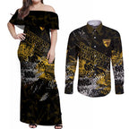 Hawthorn Hawks Couples Matching Off Shoulder Maxi Dress and Long Sleeve Button Shirt Urban Graffiti Street Art - Bold Abstract Spray Paint