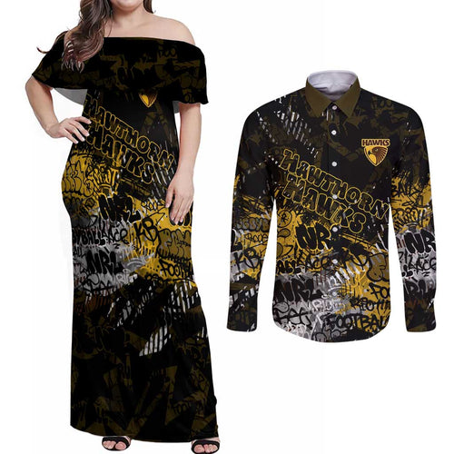 Hawthorn Hawks Couples Matching Off Shoulder Maxi Dress and Long Sleeve Button Shirt Urban Graffiti Street Art - Bold Abstract Spray Paint