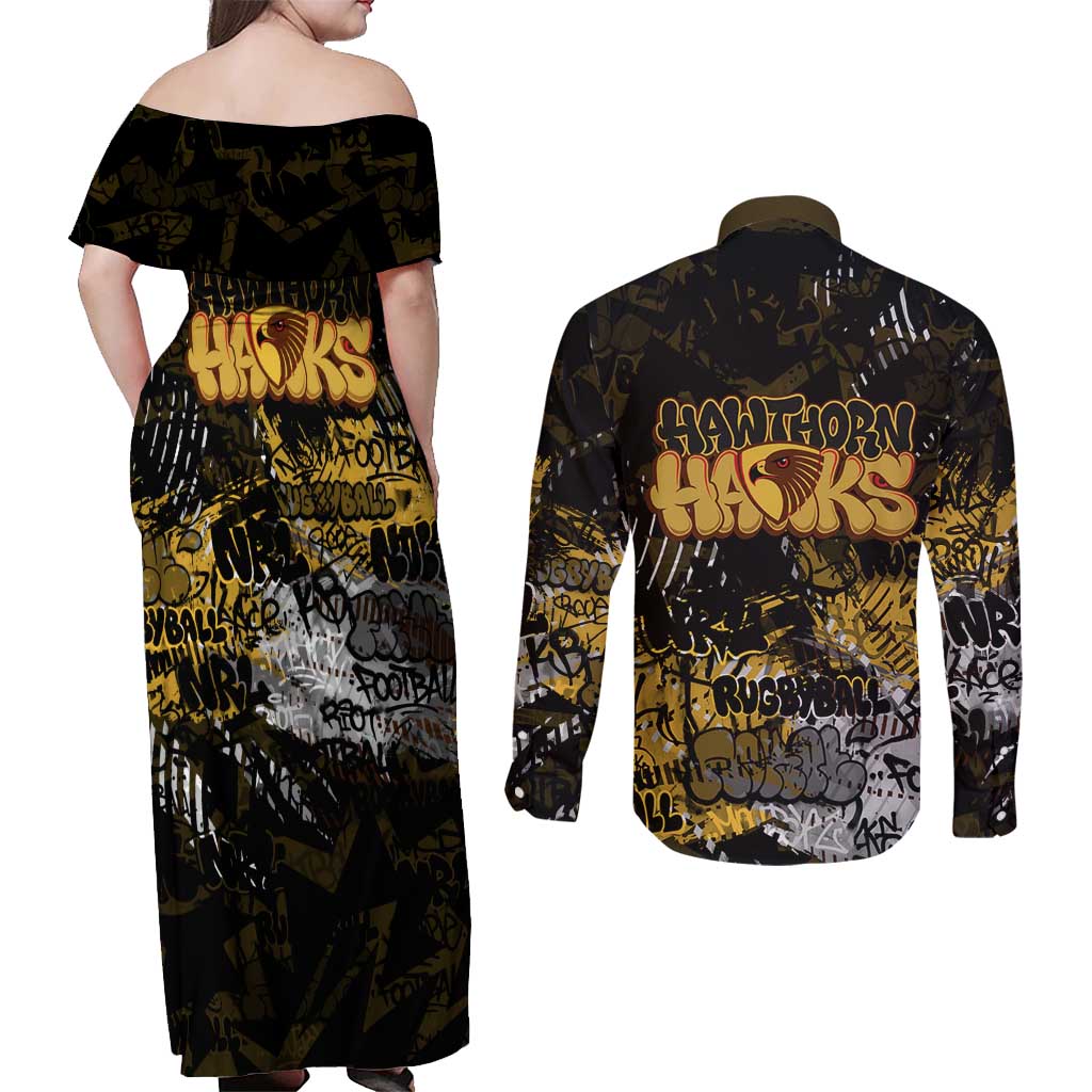 Hawthorn Hawks Couples Matching Off Shoulder Maxi Dress and Long Sleeve Button Shirt Urban Graffiti Street Art - Bold Abstract Spray Paint