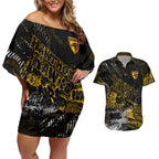 Hawthorn Hawks Couples Matching Off Shoulder Short Dress and Hawaiian Shirt Urban Graffiti Street Art - Bold Abstract Spray Paint