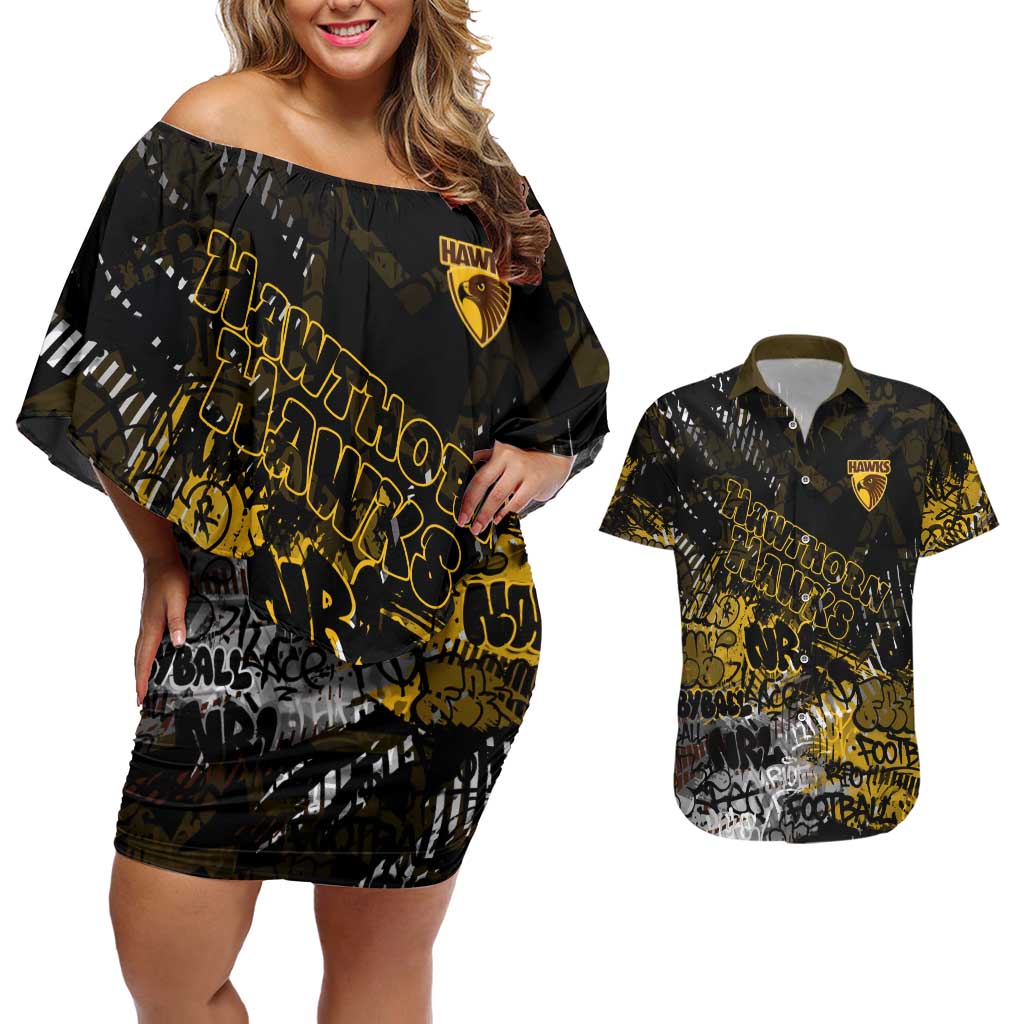 Hawthorn Hawks Couples Matching Off Shoulder Short Dress and Hawaiian Shirt Urban Graffiti Street Art - Bold Abstract Spray Paint