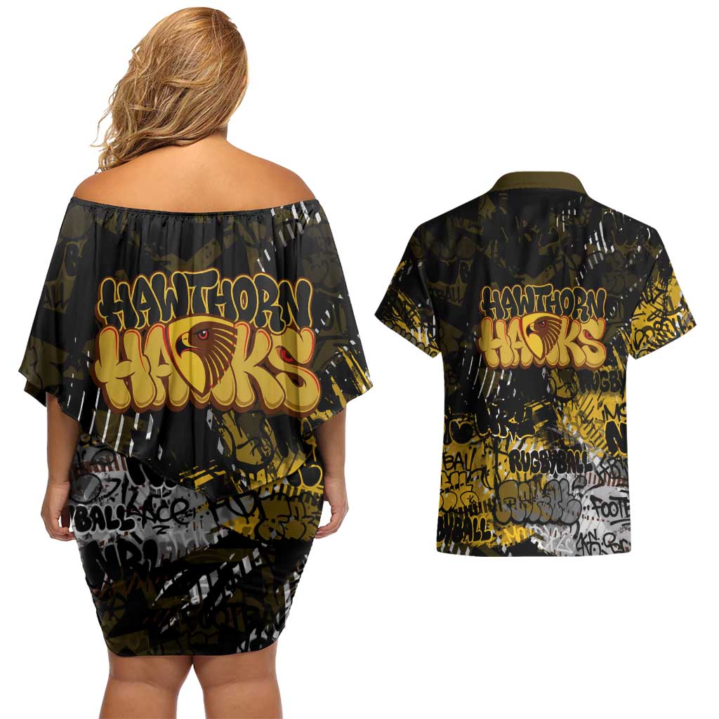 Hawthorn Hawks Couples Matching Off Shoulder Short Dress and Hawaiian Shirt Urban Graffiti Street Art - Bold Abstract Spray Paint