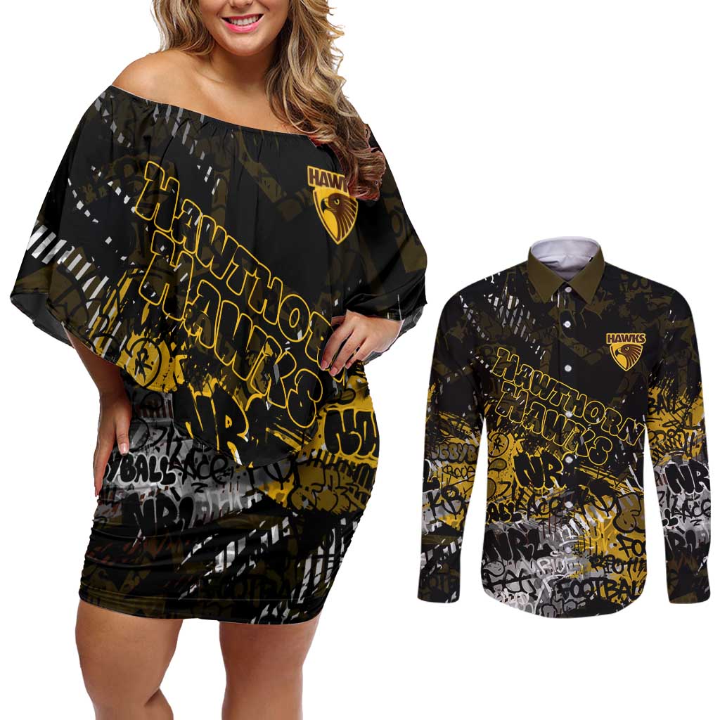 Hawthorn Hawks Couples Matching Off Shoulder Short Dress and Long Sleeve Button Shirt Urban Graffiti Street Art - Bold Abstract Spray Paint