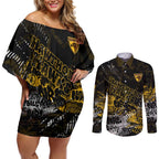 Hawthorn Hawks Couples Matching Off Shoulder Short Dress and Long Sleeve Button Shirt Urban Graffiti Street Art - Bold Abstract Spray Paint