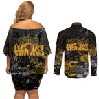 Hawthorn Hawks Couples Matching Off Shoulder Short Dress and Long Sleeve Button Shirt Urban Graffiti Street Art - Bold Abstract Spray Paint