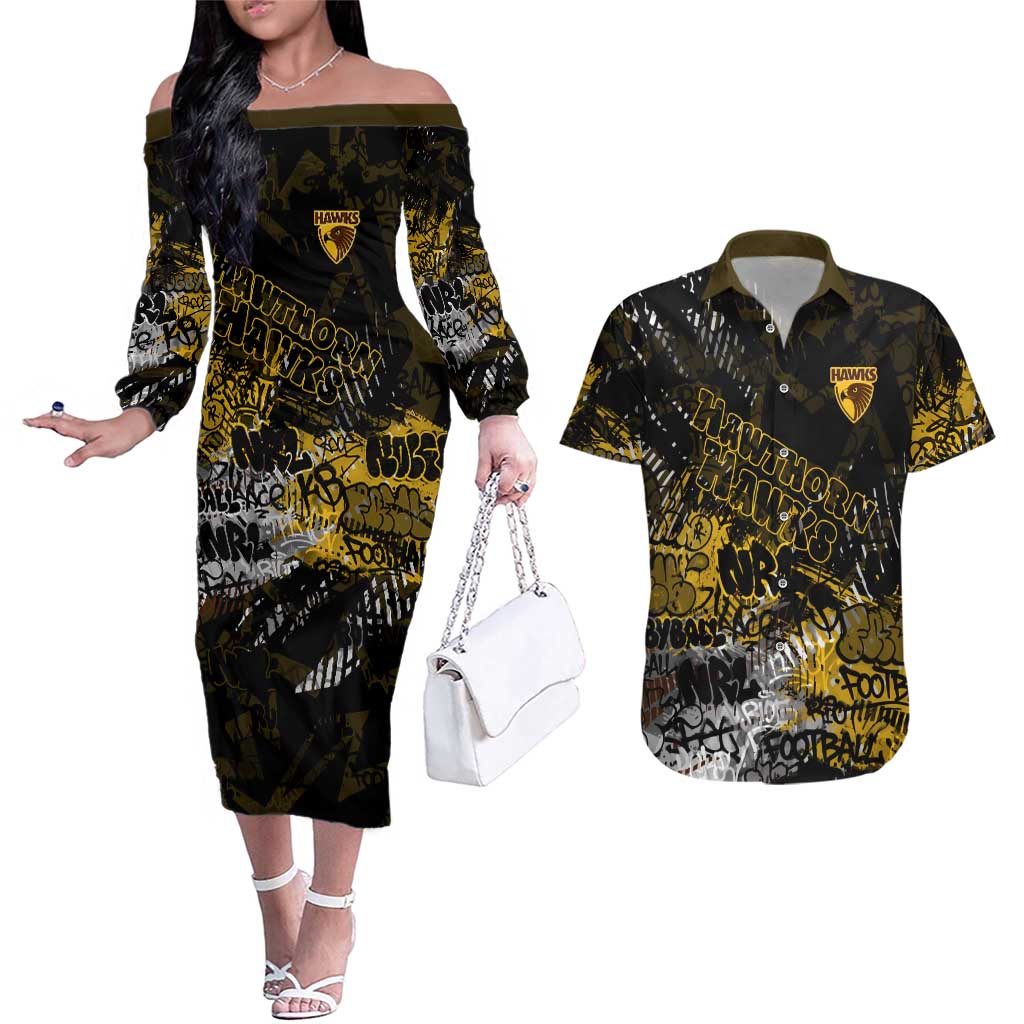 Hawthorn Hawks Couples Matching Off The Shoulder Long Sleeve Dress and Hawaiian Shirt Urban Graffiti Street Art - Bold Abstract Spray Paint