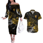 Hawthorn Hawks Couples Matching Off The Shoulder Long Sleeve Dress and Hawaiian Shirt Urban Graffiti Street Art - Bold Abstract Spray Paint