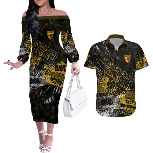 Hawthorn Hawks Couples Matching Off The Shoulder Long Sleeve Dress and Hawaiian Shirt Urban Graffiti Street Art - Bold Abstract Spray Paint