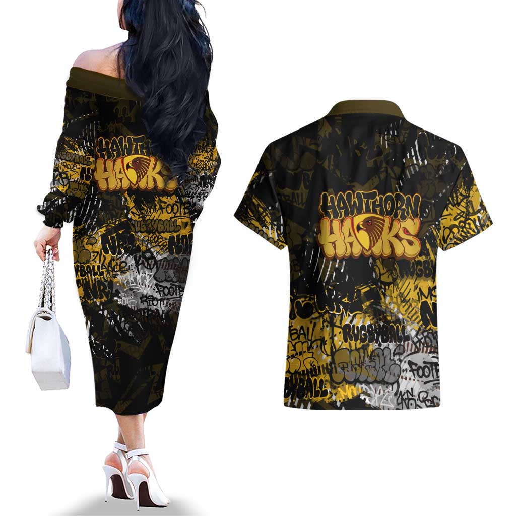 Hawthorn Hawks Couples Matching Off The Shoulder Long Sleeve Dress and Hawaiian Shirt Urban Graffiti Street Art - Bold Abstract Spray Paint