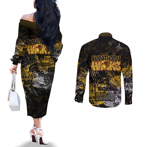 Hawthorn Hawks Couples Matching Off The Shoulder Long Sleeve Dress and Long Sleeve Button Shirt Urban Graffiti Street Art - Bold Abstract Spray Paint