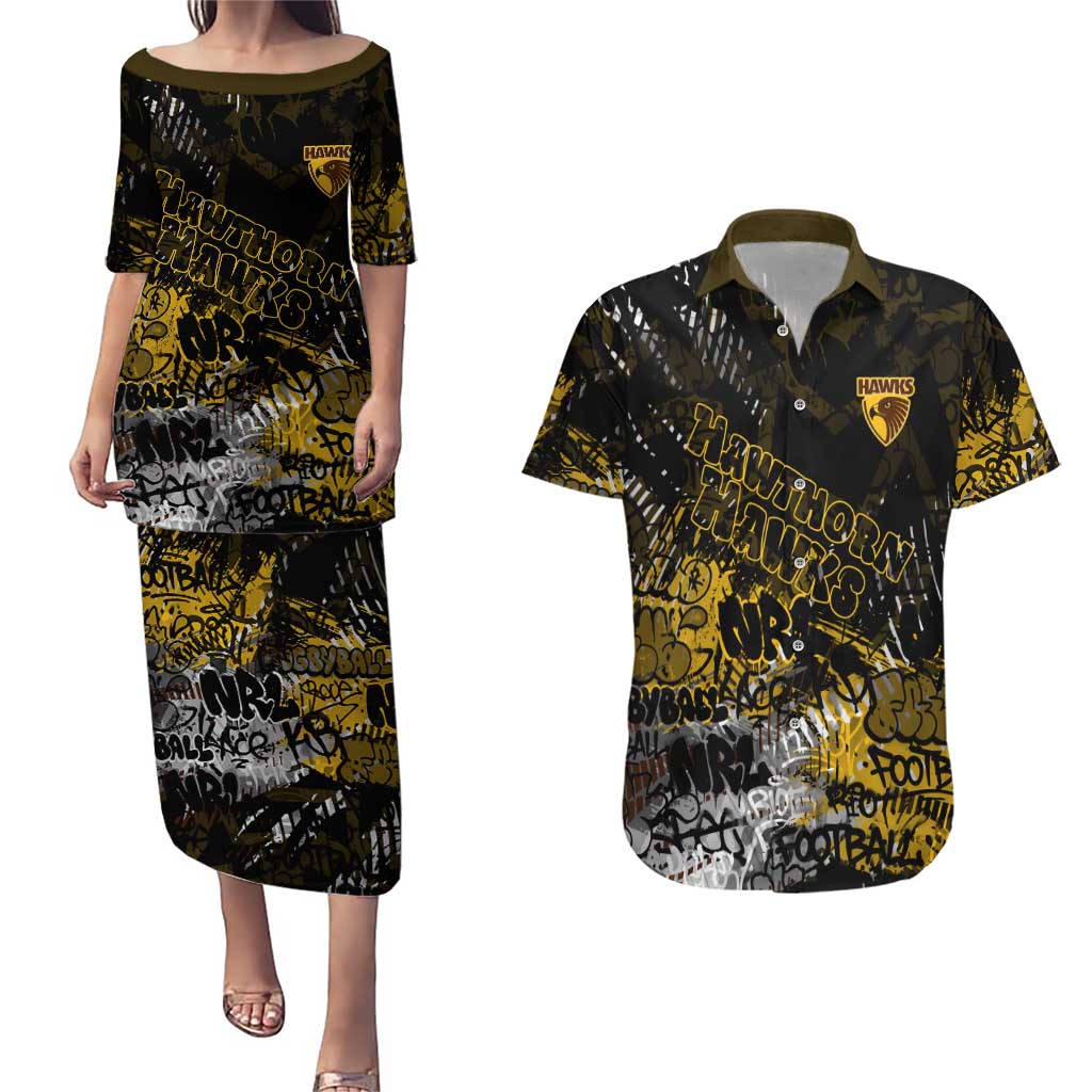 Hawthorn Hawks Couples Matching Puletasi and Hawaiian Shirt Urban Graffiti Street Art - Bold Abstract Spray Paint