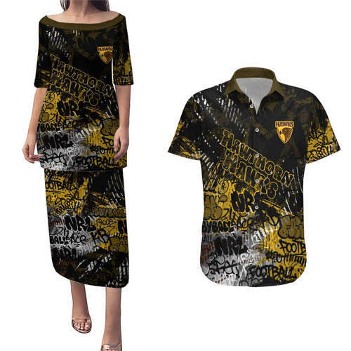 Hawthorn Hawks Couples Matching Puletasi and Hawaiian Shirt Urban Graffiti Street Art - Bold Abstract Spray Paint