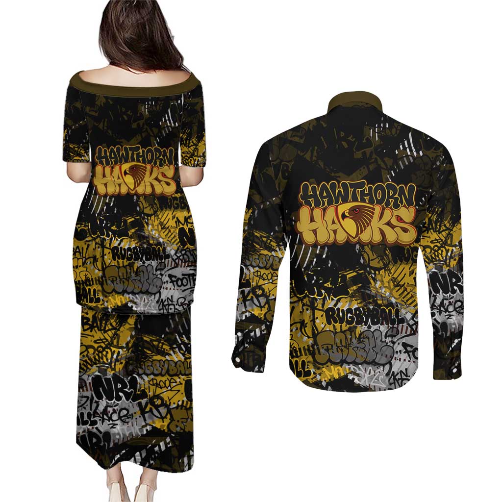 Hawthorn Hawks Couples Matching Puletasi and Long Sleeve Button Shirt Urban Graffiti Street Art - Bold Abstract Spray Paint