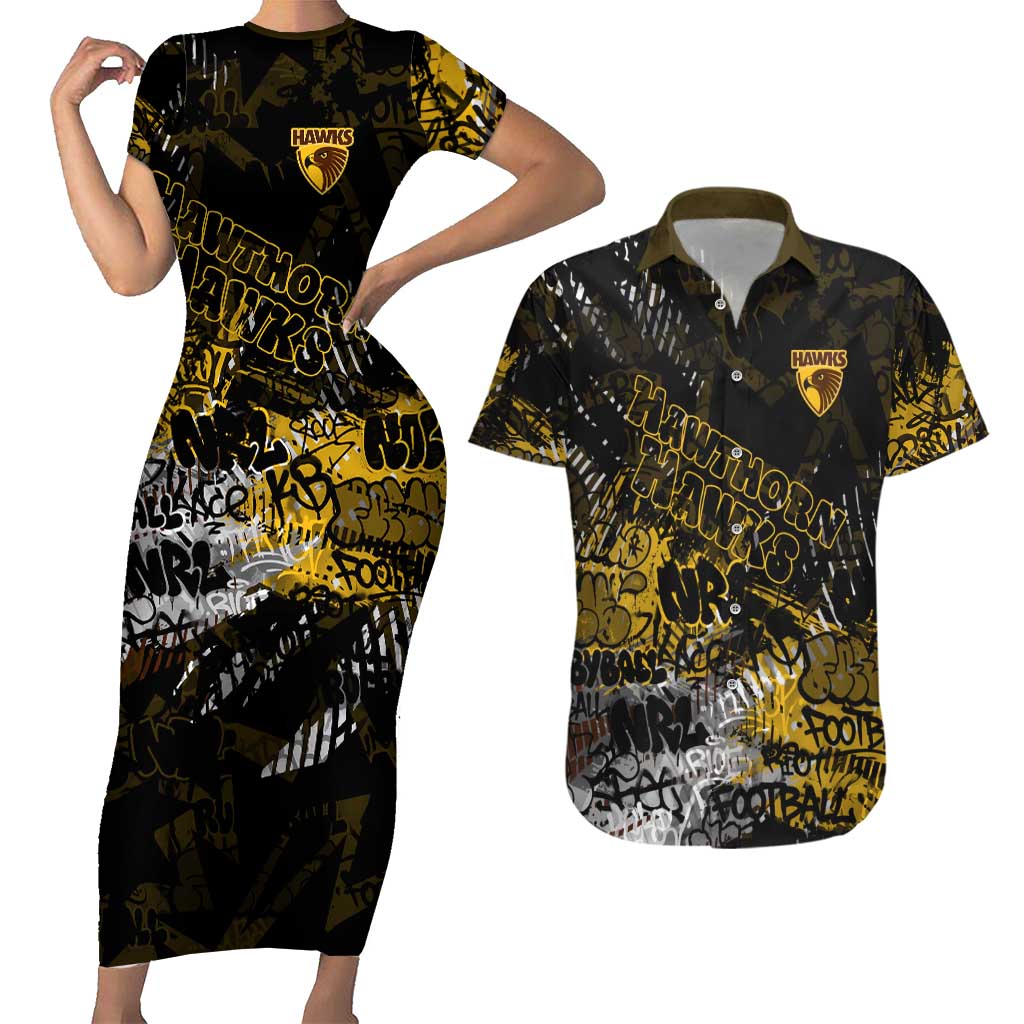 Hawthorn Hawks Couples Matching Short Sleeve Bodycon Dress and Hawaiian Shirt Urban Graffiti Street Art - Bold Abstract Spray Paint