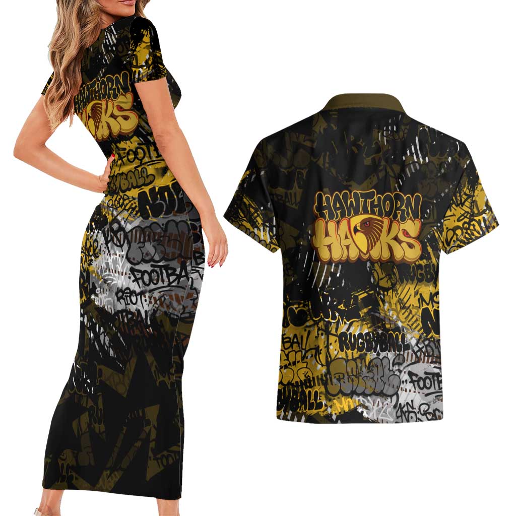 Hawthorn Hawks Couples Matching Short Sleeve Bodycon Dress and Hawaiian Shirt Urban Graffiti Street Art - Bold Abstract Spray Paint