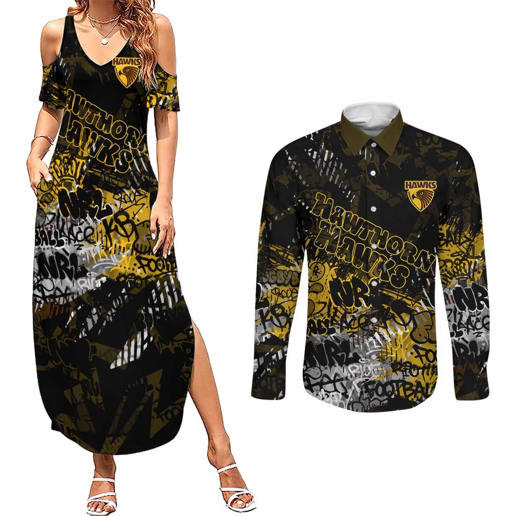 Hawthorn Hawks Couples Matching Summer Maxi Dress and Long Sleeve Button Shirt Urban Graffiti Street Art - Bold Abstract Spray Paint