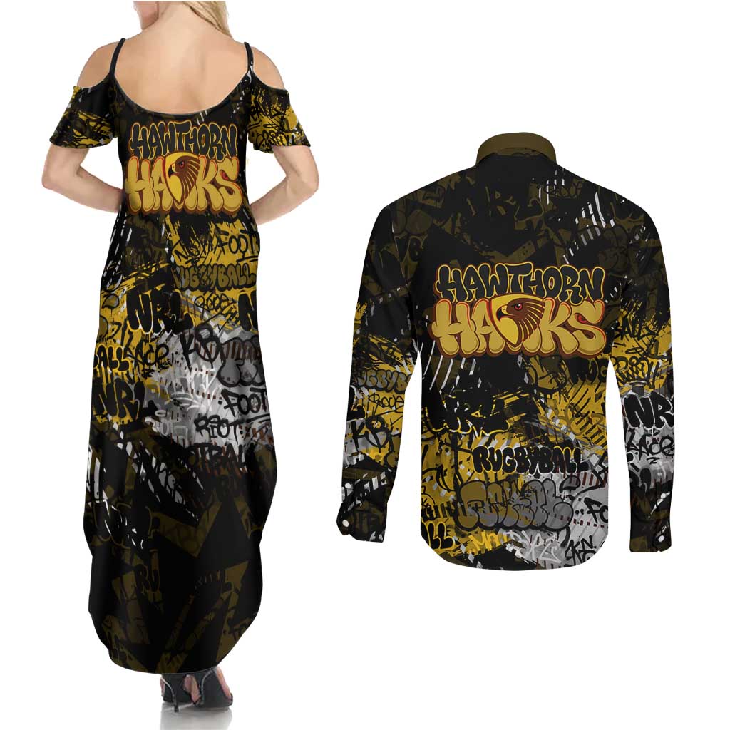 Hawthorn Hawks Couples Matching Summer Maxi Dress and Long Sleeve Button Shirt Urban Graffiti Street Art - Bold Abstract Spray Paint