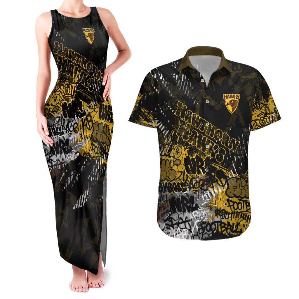 Hawthorn Hawks Couples Matching Tank Maxi Dress and Hawaiian Shirt Urban Graffiti Street Art - Bold Abstract Spray Paint