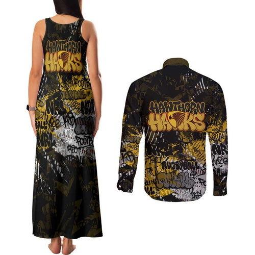 Hawthorn Hawks Couples Matching Tank Maxi Dress and Long Sleeve Button Shirt Urban Graffiti Street Art - Bold Abstract Spray Paint