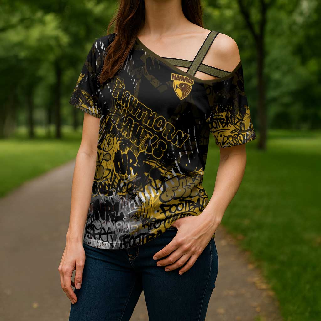 Hawthorn Hawks Cross Shoulder Shirt Urban Graffiti Street Art - Bold Abstract Spray Paint