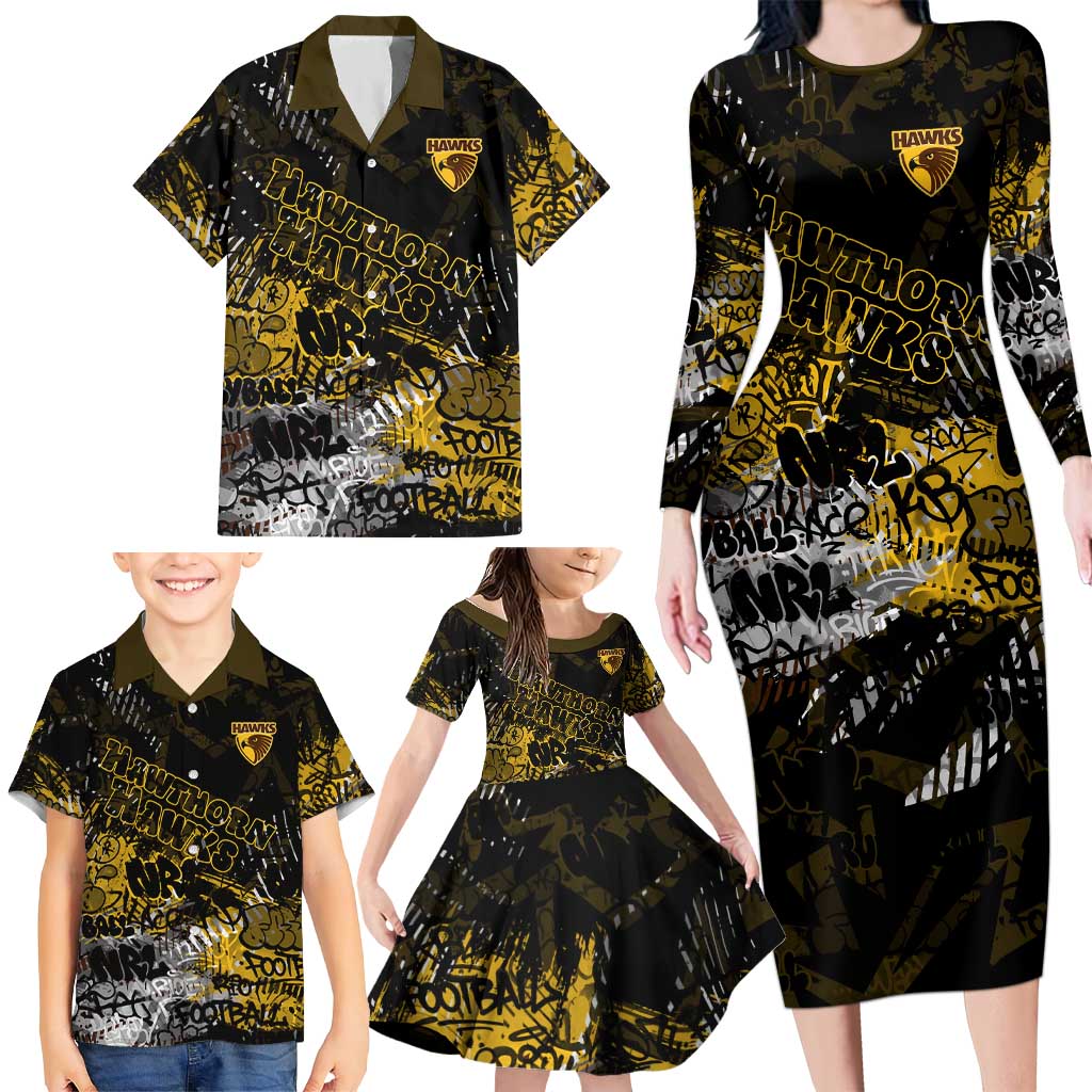 Hawthorn Hawks Family Matching Long Sleeve Bodycon Dress and Hawaiian Shirt Urban Graffiti Street Art - Bold Abstract Spray Paint