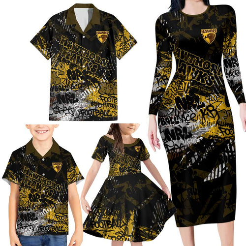 Hawthorn Hawks Family Matching Long Sleeve Bodycon Dress and Hawaiian Shirt Urban Graffiti Street Art - Bold Abstract Spray Paint
