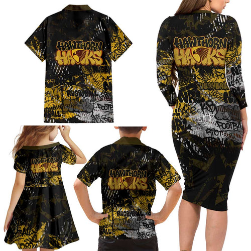 Hawthorn Hawks Family Matching Long Sleeve Bodycon Dress and Hawaiian Shirt Urban Graffiti Street Art - Bold Abstract Spray Paint