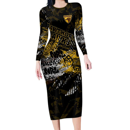 Hawthorn Hawks Family Matching Long Sleeve Bodycon Dress and Hawaiian Shirt Urban Graffiti Street Art - Bold Abstract Spray Paint