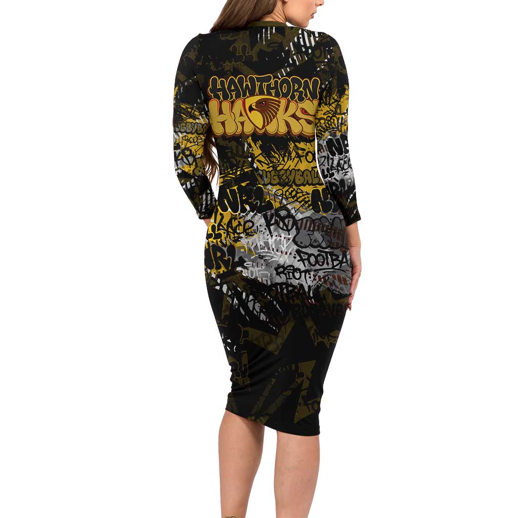 Hawthorn Hawks Family Matching Long Sleeve Bodycon Dress and Hawaiian Shirt Urban Graffiti Street Art - Bold Abstract Spray Paint