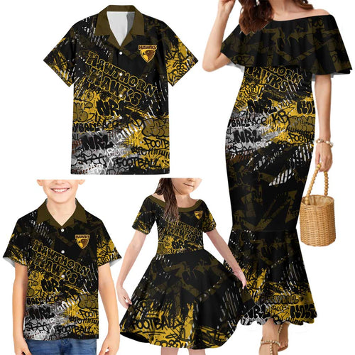 Hawthorn Hawks Family Matching Mermaid Dress and Hawaiian Shirt Urban Graffiti Street Art - Bold Abstract Spray Paint