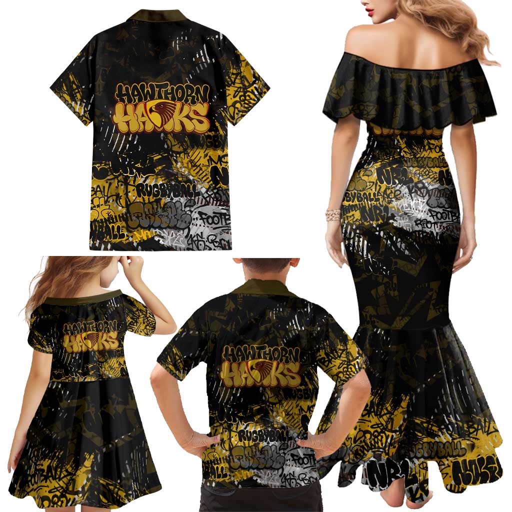 Hawthorn Hawks Family Matching Mermaid Dress and Hawaiian Shirt Urban Graffiti Street Art - Bold Abstract Spray Paint