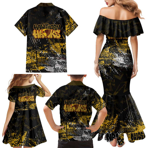 Hawthorn Hawks Family Matching Mermaid Dress and Hawaiian Shirt Urban Graffiti Street Art - Bold Abstract Spray Paint
