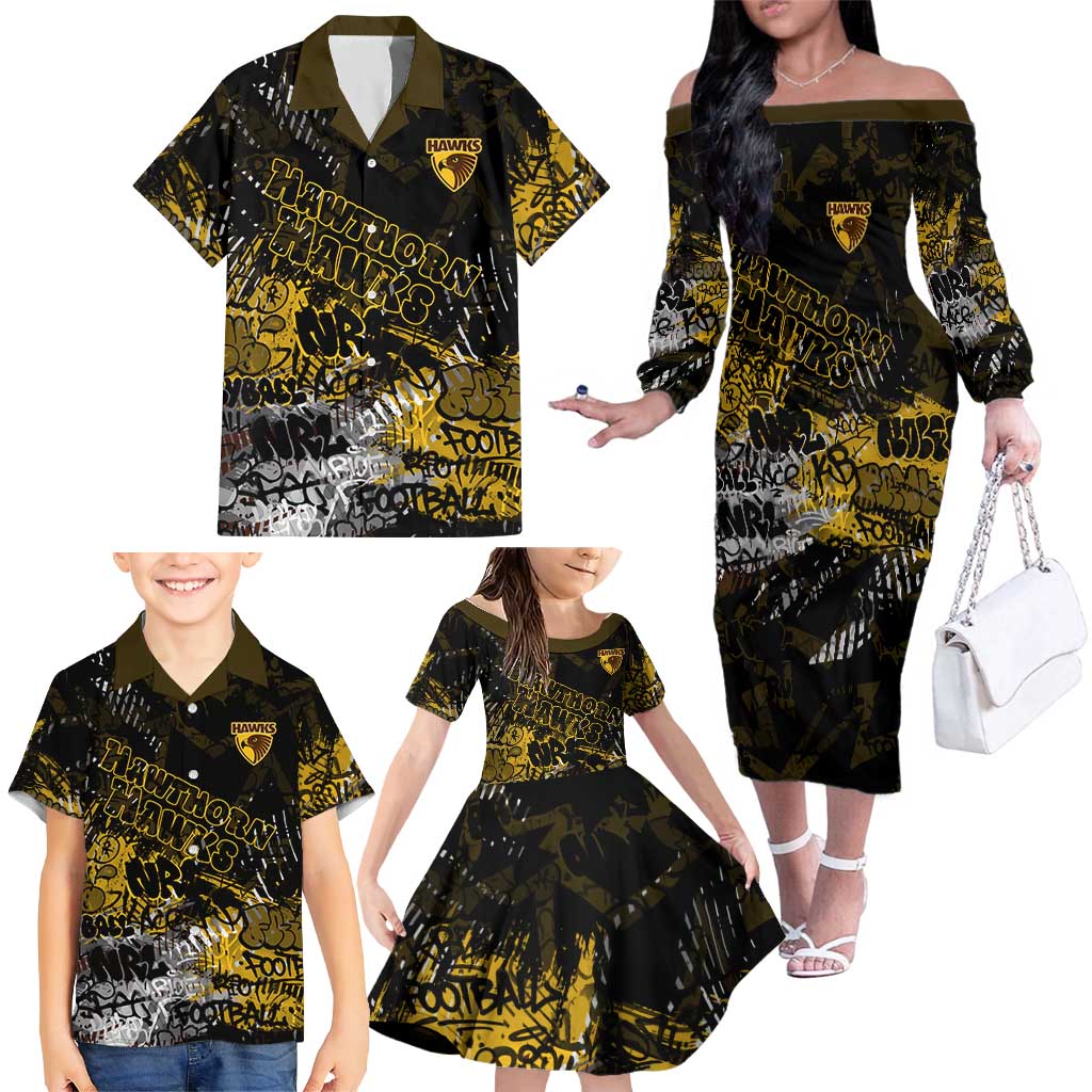Hawthorn Hawks Family Matching Off The Shoulder Long Sleeve Dress and Hawaiian Shirt Urban Graffiti Street Art - Bold Abstract Spray Paint