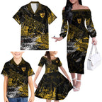 Hawthorn Hawks Family Matching Off The Shoulder Long Sleeve Dress and Hawaiian Shirt Urban Graffiti Street Art - Bold Abstract Spray Paint