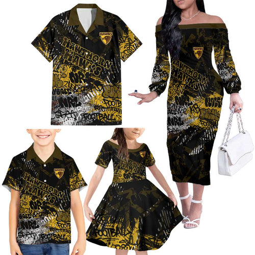 Hawthorn Hawks Family Matching Off The Shoulder Long Sleeve Dress and Hawaiian Shirt Urban Graffiti Street Art - Bold Abstract Spray Paint