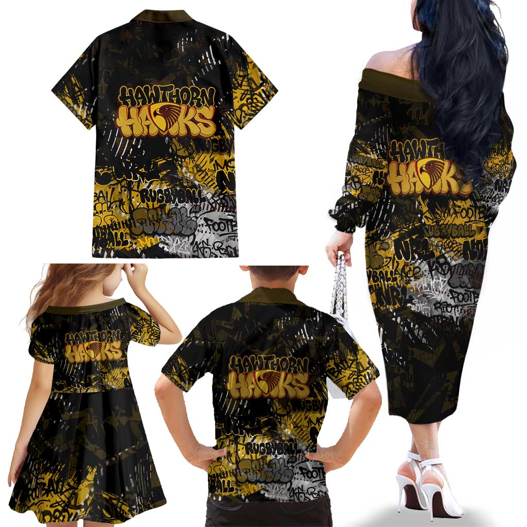 Hawthorn Hawks Family Matching Off The Shoulder Long Sleeve Dress and Hawaiian Shirt Urban Graffiti Street Art - Bold Abstract Spray Paint