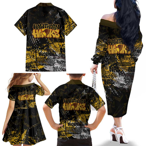 Hawthorn Hawks Family Matching Off The Shoulder Long Sleeve Dress and Hawaiian Shirt Urban Graffiti Street Art - Bold Abstract Spray Paint