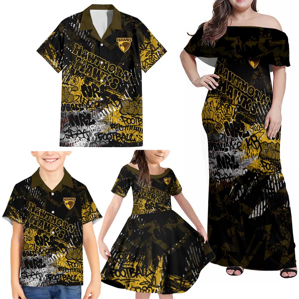 Hawthorn Hawks Family Matching Off Shoulder Maxi Dress and Hawaiian Shirt Urban Graffiti Street Art - Bold Abstract Spray Paint
