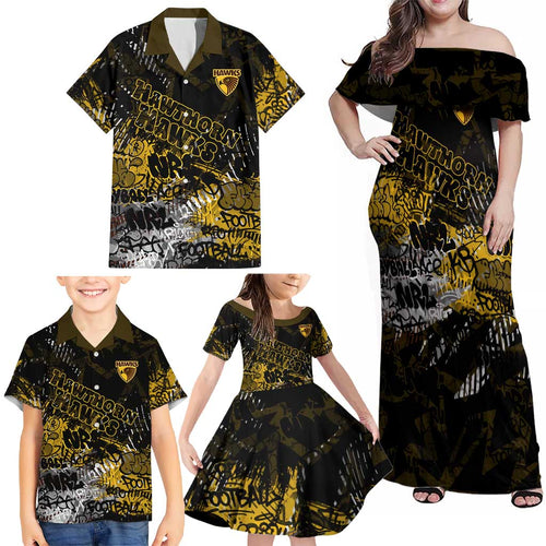 Hawthorn Hawks Family Matching Off Shoulder Maxi Dress and Hawaiian Shirt Urban Graffiti Street Art - Bold Abstract Spray Paint