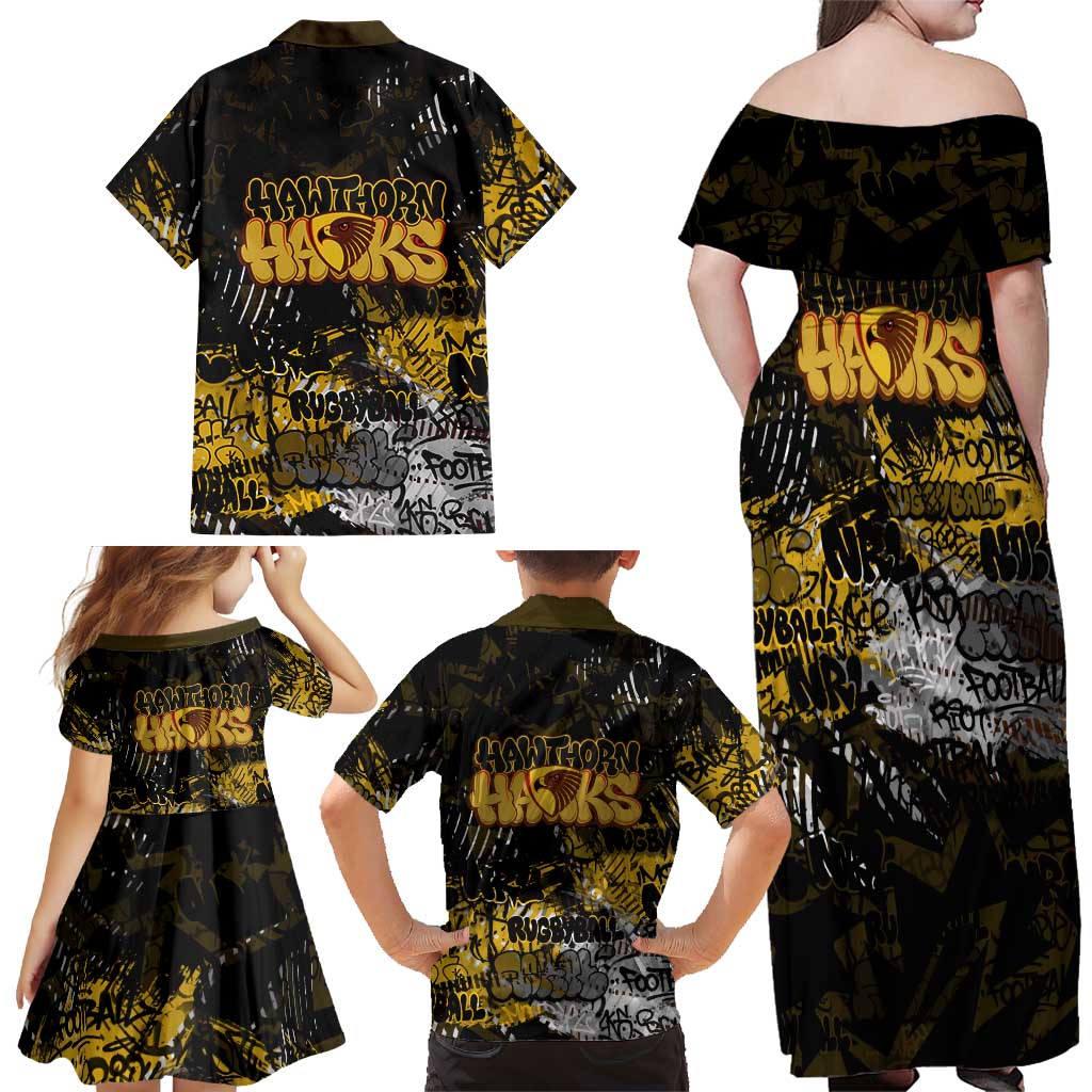 Hawthorn Hawks Family Matching Off Shoulder Maxi Dress and Hawaiian Shirt Urban Graffiti Street Art - Bold Abstract Spray Paint