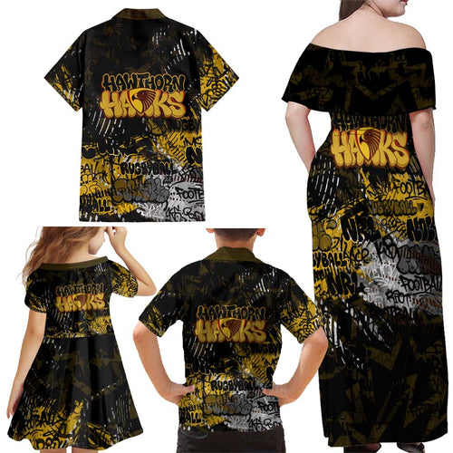 Hawthorn Hawks Family Matching Off Shoulder Maxi Dress and Hawaiian Shirt Urban Graffiti Street Art - Bold Abstract Spray Paint