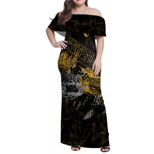 Hawthorn Hawks Family Matching Off Shoulder Maxi Dress and Hawaiian Shirt Urban Graffiti Street Art - Bold Abstract Spray Paint