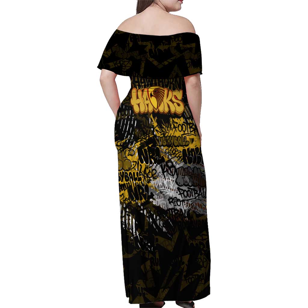 Hawthorn Hawks Family Matching Off Shoulder Maxi Dress and Hawaiian Shirt Urban Graffiti Street Art - Bold Abstract Spray Paint